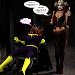 2girls 3d ass bare_midriff batgirl batman:_arkham_city batman_(series) bimbo bimbofication breasts cape choker cleavage clothed dc dc_comics dialogue dynamoob english_text female female_only fully_clothed gloves harley_quinn joker knee_boots large_breasts lipstick long_hair makeup mask multicolored_hair no_bra_under_clothes painted_nails pants pigtails pre-transformation speech_bubble standing superheroine syringe text the_joker thigh_boots tight_pants transformation