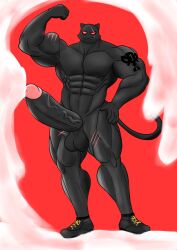 1boy 2021 abs absurd_res anatake anthro balls big_balls big_muscles big_penis black_balls black_body black_fur black_penis bodily_fluids clothing cum cumshot domestic_cat ejaculation epic_games erection excessive_cum eye_scar facial_scar felid feline felis flexing flexing_bicep footwear footwear_only fortnite fur furry genital_fluids genitals glans highres huge_cock humanoid_genitalia humanoid_penis looking_at_viewer male male_only mammal meowscles_(fortnite) mostly_nude muscular muscular_anthro muscular_male orgasm penis pink_glans red_background red_eyes scar scratches shadow_meowscles_(fortnite) shoes shoes_only simple_background solo standing tattoo vein veiny_penis video_games