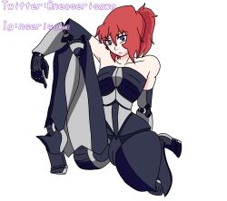 arm_behind_back arm_on_knee cyborg feet liss(oc) long_hair looking_at_viewer neo_serisawa ponytail purple_eyes red_hair sitting