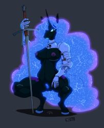 anthro armor equid equine female friendship_is_magic glowing glowing_hair hair hi_res horn mammal melee_weapon my_little_pony nightmare_moon_(mlp) princess_luna_(mlp) pussy_juice pussy_juice_drip scrapheap_(artist) solo squatting_position sword unicorn weapon