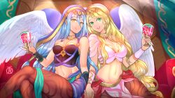 2022 2girls alternate_costume alternate_version_available angel_wings artist_logo azura_(fire_emblem) azura_(hatari)_(fire_emblem) bangs bare_shoulders belly_button blonde_hair blue_clothing blue_hair breast_size_difference breasts capelet choker cleavage closed_mouth clothed clothed_female color cup dancer dancer_outfit detached_collar female fire_emblem fire_emblem:_radiant_dawn fire_emblem_fates fire_emblem_heroes glass gold_trim green_eyes habit hi_res highres hips holding holding_cup holding_hands holding_object jewelry large_breasts leanne_(fire_emblem) leanne_(hatari)_(fire_emblem) long_hair looking_at_viewer medium_breasts midriff multiple_girls navel necklace nintendo no_text_version off-shoulder_shirt off_shoulder official_alternate_costume open_mouth pantyhose pelvic_curtain png print_legwear revolverwingstudios shirt slim_waist smile strapless textless thick_thighs thighs tights white_clothing white_wings wide_hips wings yellow_eyes