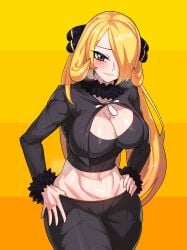 1girls abs blonde_hair blush boob_window breasts cynthia_(pokemon) drunkoak game_freak hair_over_one_eye hands_on_hips muscular nintendo pokemon pokemon_dppt solo solo_female yellow_background yellow_theme