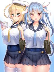 2girls ahoge bag black_skirt blonde_hair blue_background blue_eyes blue_hair blue_swimsuit book breasts covered_navel covered_nipples cowboy_shot crop_top crop_top_overhang doyouwantto eyebrows_visible_through_hair glasses gradient gradient_background hair_ribbon hat highres i-19_(kantai_collection) i-8_(kantai_collection) kantai_collection large_breasts long_hair looking_at_viewer low_twintails multiple_girls name_tag neckerchief oerba_yun_fang one-piece_swimsuit open_mouth peaked_cap pleated_skirt red_eyes ribbon sailor_collar school_bag school_swimsuit school_uniform see-through serafuku skindentation skirt smile star-shaped_pupils star_(symbol) swimsuit swimsuit_under_clothes symbol-shaped_pupils thick_thighs thigh_gap thighhighs thighs tri_tails twintails white_background white_legwear wide_hips yellow_neckerchief