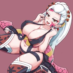 big_breasts black_nails blush cleavage daki_(kimetsu_no_yaiba) demon_girl demon_slayer eyeshadow facial_markings female female_only green_eyes hair_ornament huge_breasts kaikon_shokubutsu kimetsu_no_yaiba lingerie long_hair looking_at_viewer nipple_bulge obi oerba_yun_fang okobo open_mouth platform_footwear side-tie_panties sitting smile solo thighhighs tied_hair toeless_legwear wariza white_hair zettai_ryouiki