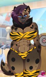 1girls 2022 anthro black_hair blue_eyes breasts brown_fur chevelle_corduroy cleavage feline female female_only fur_tuft furry huge_breasts hyena looking_at_viewer mastergodai muscular muscular_female original original_character solo spotted_fur thick_thighs tiger_print voluptuous wide_hips