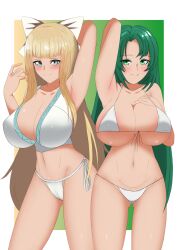 2girls alternate_breast_size alternate_costume armpits ass_visible_through_thighs bangs big_breasts bikini blonde_hair blue_eyes breasts cecilia_(fire_emblem) charlotte_(fire_emblem) cleavage female_only fire_emblem fire_emblem:_the_binding_blade fire_emblem_fates gigantic_breasts green_eyes green_hair huge_breasts large_breasts long_hair looking_at_viewer multiple_girls nintendo partially_visible_vulva pibu smile swimsuit very_long_hair white_bikini white_swimsuit