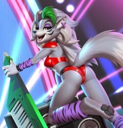 2022 4_fingers animatronic anthro ass breasts canid canine canis claws digital_media_(artwork) ear_piercing ear_ring eyelashes eyeshadow fangs female fingers five_nights_at_freddy's five_nights_at_freddy's:_security_breach hi_res keyboard_instrument keytar looking_at_viewer makeup mammal musical_instrument open_mouth pak009 pawpads piercing purple_eyeshadow roxanne_wolf_(fnaf) scottgames solo toe_claws video_games wolf