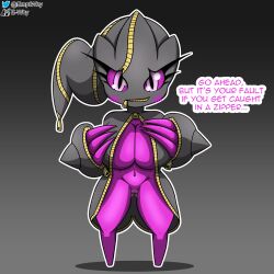 banette big_breasts blush bottomless breasts clothed clothing e-why english_text female genitals ghost hi_res humanoid inviting looking_at_viewer mega_banette mega_evolution nintendo not_furry pink_body pink_eyes pink_skin pokémon_(species) pokemon pokemon_only pussy simple_background smile solo spirit text video_games zipper zipper_mouth