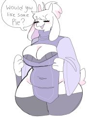 1girls apron big_breasts boss_monster bra breasts cleavage closed_eyes clothed clothing dialogue english english_text female female_only floppy_ears fur furry furry_only goat hi_res hips long_ears no_humans open_mouth puppychan simple_background solo solo_female tail talking text thick_thighs thighhighs thighs toby_fox toriel undertale undertale_(series) video_games white_background white_body white_fur wide_hips