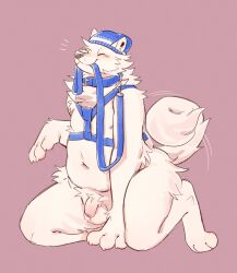 anthro asnnonaka balls belly big_belly biped blue_clothing blue_collar blue_harness blue_hat blue_headwear blue_leash blush butt_tuft cheek_tuft chest_tuft claws closed_eyes clothing collar digitigrade elbow_tufts facial_tuft flaccid foreskin fur genitals glans happy harness hat headgear headwear hi_res humanoid_genitalia humanoid_penis inner_ear_fluff kneeling leash male navel neck_tuft nipples overweight overweight_anthro overweight_male penis pink_glans smile solo tuft white_balls white_belly white_body white_claws white_ears white_fur white_inner_ear_fluff white_penis white_tail