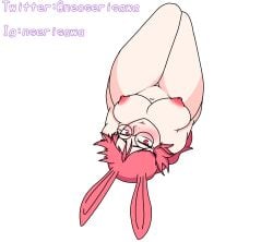 arms_behind_ass ayol(oc) big_breasts blush glasses legs_up long_hair looking_at_viewer lying_down neo_serisawa nipples pink_hair rabbit_ears red_eyes thick_hips