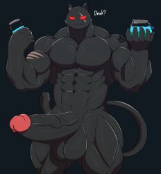 1boy 2022 abs anatake anthro balls big_balls big_muscles big_penis black_balls black_body black_penis dialogue domestic_cat english_text epic_games erection eye_scar facial_scar felid feline felis fortnite furry genitals glans highres holding_object huge_cock huge_muscles humanoid_genitalia humanoid_penis looking_at_viewer male male_only mammal meowscles_(fortnite) muscular muscular_anthro muscular_male nude penis pink_glans red_eyes scar scratches shadow_meowscles_(fortnite) simple_background solo standing tattoo text vein veiny_penis video_games