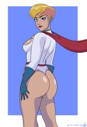 1girls ass big_ass blue_eyes cleavage dc dc_comics dcuaom female female_only kara_zor-el karen_starr leotard light-skinned_female pills-in-a-little-cup power_girl power_girl_(public_enemies) rear_view short_hair solo superman/batman:_public_enemies