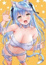 1girls 2021 :d absurdres ahoge animal_ears bandages bangs bare_shoulders bell black_ribbon blue_hair blue_nails blush breasts cat_ears cat_girl cat_tail cleavage collarbone contrapposto elf eyebrows_visible_through_hair feet_out_of_frame female female_focus female_only fingernails hair_ribbon highres hololive hololive_gen_5 hololive_japan jingle_bell large_breasts long_fingernails long_hair looking_at_viewer looking_up nail_polish naked_bandage navel oerba_yun_fang pointy_ears ribbon simple_background smile solo solo_female standing star_(symbol) tail tail_bell tail_ornament two_side_up uehiro very_long_hair virtual_youtuber yellow_background yellow_eyes yukihana_lamy