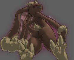 1girls anthro anthrofied ass back big_ears biped butt_pose edit eyelashes female female_focus female_only floppy_ears fur furry furry_only half-closed_eyes lagomorph long_ears looking_at_viewer lopunny low-angle_view mammal naked napalm_express nintendo nude pink_eyes pokémon_(species) pokemon pokemon_(species) portrait pussy short_tail simple_background smile smirk solo solo_female solo_focus tail thick_thighs three-quarter_portrait video_games wrist_tuft