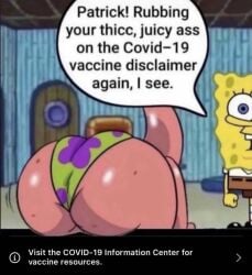 2boys ass_focus coronavirus covid-19_pandemic covid_19 covid_vaccine english_text instagram ironic irony lustykrab male_focus male_only meme patrick_star sea_sponge smooth_skin source_request speech_bubble spongebob_squarepants spongebob_squarepants_(character) spongebob_squarepants_(series) spunch_bob starfish