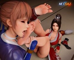 2girls 3d ass barefoot breasts brown_eyes brown_hair cleavage closed_eyes dead_or_alive fatal_fury feet female female_only foot_fetish foot_focus foot_licking foot_on_face foot_worship footwear_removed ginger_hair holding_feet kasumi_(doa) king_of_fighters licking licking_foot mai_shiranui multiple_girls necdaz91 snk soles stirrup_legwear toeless_legwear toes tongue tongue_out yuri