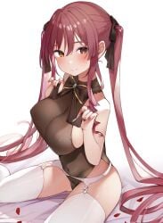 1girls 2020 absurdres bangs bare_shoulders blush bow bowtie breasts eyebrows_visible_through_hair female female_focus female_only garter_belt hair_ribbon heterochromia highres hololive hololive_fantasy hololive_japan houshou_marine large_breasts leotard long_hair looking_at_viewer red_eye red_hair ribbon see-through_leotard shin_no_tenpii smile solo solo_female thighhighs twintails virtual_youtuber yellow_eye