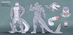 abs anthro back_muscles balls bane_galliam barefoot clenched_hands evil_grin feet fin fish flaccid forearm_muscles foreskin genitals grey_body hand_on_hip humanoid_genitalia humanoid_penis jewelry looking_at_viewer male marine model_sheet multicolored_body muscular muscular_anthro muscular_male navel necklace necklace_only nipples non-mammal_balls non-mammal_nipples nude obliques open_mouth pecs penis presenting proud quads raised_arm shark smile solo solo_focus teeth tongue two_tone_body two_tone_tail wfa white_balls white_body