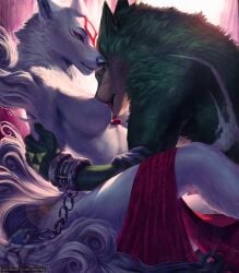 1boy 1girls amaterasu anthro anthrofied black_fur breasts canine capcom chained_wrists closed_eyes crossover eyes_mostly_closed female fur furry furry_only licking licking_chest male momobeda nintendo okami passionate tail the_legend_of_zelda twilight_princess white_fur wolf wolf_ears wolf_link