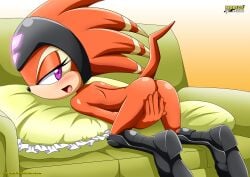 bbmbbf bent_over couch covering_pussy furry mobius_unleashed palcomix sega shade_the_echidna sonic_(series)