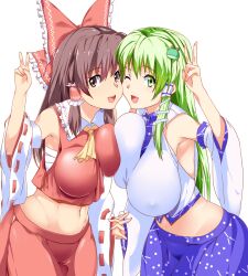 asymmetrical_docking big_breasts reimu_hakurei sanae_kochiya tagme tenpura_(tenpura621) touhou yuri