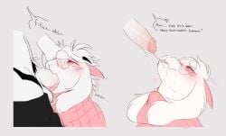 anthro asriel_dreemurr blush boss_monster bovid caprine clothed clothing deltarune duo eyewear fellatio genitals glasses goat hand_on_head heart hi_res humanoid_genitalia humanoid_penis male male/male male_only mammal myoukky oral partially_clothed penile penis pubes ralsei sex speech_bubble sweater topwear undertale undertale_(series) video_games