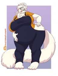 anthro anthro_only four_toes fully_clothed fully_clothed_female furaffinity_logo furaffinity_username furry gray_eyes grey_eyes hand_on_belly hand_on_hip huge_breasts hyper_pregnancy large_breasts lavenderpandy long_hair long_tail looking_at_viewer mink no_sex overalls pink_nose pregnant pregnant_belly shirt solo solo_female standing white_fur white_hair