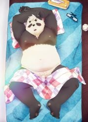 2022 anthro bed bedding belly black_body black_nose blanket closed_eyes flaccid furniture genitals giant_panda humanoid_genitalia humanoid_penis kemono lying male mammal moobs nipples overweight overweight_male penis pillow sasayama_akira sleeping solo tasty_cheeeeese ursid virtual_youtuber white_body