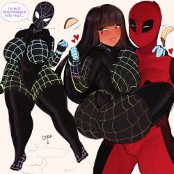 1boy 1girls absurd_res ass bangs big_breasts black_eyes black_hair blunt_bangs blush cinnabus costume dark-skinned_female dark_skin deadpool dialogue english_text eyes_mostly_closed female heart heart_tattoo long_hair looking_away male marvel slightly_chubby smile sona_(cinnabus) speech_bubble spider-man_(cosplay) spidersona tattoo tattoo_under_eye thick_thighs wade_wilson