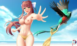 1animal 1girls _proxy abs accidental_exposure accidental_nudity areolae beach belly_button bikini bird blush bottomwear breasts brown_hair cleavage doki_doki_literature_club embarrassed embarrassed_female embarrassed_naked_female embarrassed_nude_female exposed_breasts female female_only green_eyes long_hair medium_breasts monika_(doki_doki_literature_club) naked naked_female navel nipples nude nude_female nudist nudity ponytail public public_nudity quetzal_bird resplendent_quetzal ribbon solo stealing_clothes stolen_bikini stolen_clothes stolen_swimsuit topless topless_female white_ribbon yellow_bikini yellow_bikini_bottom yellow_bikini_top