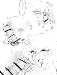 1boy absurdres artist_request big_breasts breasts censored cum fellatio female hand_on_penis highres lalaco_godspeed large_penis licking licking_penis oral penis space_patrol_luluco testicle_sucking twitching_penis veins veiny_penis