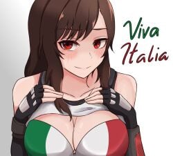 blush bra breast_hold breast_press breast_squish breasts cleavage female_only final_fantasy final_fantasy_vii fingerless_gloves holding_breast italian_flag italian_senate_hack large_breasts long_hair looking_at_viewer meme meme_attire mouth_closed red_eyes selverna shirt_lift shirt_up solo tank_top tifa_lockhart