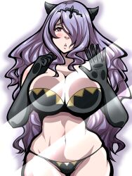 1girls against_glass against_wall bare_shoulders bare_thighs black_panties bra breasts breasts_against_glass camilla_(fire_emblem) cleavage elbow_gloves female_only fire_emblem fire_emblem_fates gloves hair_over_one_eye horns inabakun00 knocking large_breasts long_hair looking_at_viewer nintendo panties purple_eyes purple_hair solo thighs very_long_hair wavy_hair