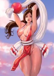 1girls areola_slip areolae bare_thighs breasts brown_eyes brown_hair cleavage dress fatal_fury female female_only juiceofyellow king_of_fighters large_breasts lipstick long_hair looking_at_viewer mai_shiranui nipples_visible_through_clothing ponytail skimpy solo