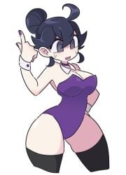 1girls alternate_costume ass black_hair breasts bunnysuit female game_freak girl gro-ggy hair_bun hex_maniac large_breasts leotard nintendo playboy_bunny pokemon pose solo source_request sweat swirly_eyes tagme white_background