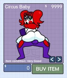 1boy 1girls animated animatronic ass baby_(fnafsl) balls big_ass bouncing_ass bouncing_balls bubble_butt chair circus_baby circus_baby_(fnaf) crushtrap english_text eyebrows female_on_top five_nights_at_freddy's five_nights_at_freddy's:_sister_location freddy_fazbear's_pizzeria_simulator genitals green_eyes half-closed_eyes humanoid looking_back male_penetrating_female mastery_position michael_afton open_mouth orange_hair penetration penis penis_in_pussy purple purple_skin red_clothing red_nose red_shoes riding robot robot_girl sex text user_interface vaginal_penetration