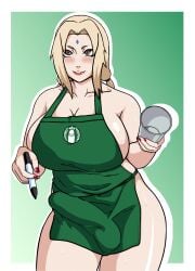 1futa apron areolae bare_shoulders big_breasts big_penis blonde_hair breasts brown_eyes bulge clothed clothing cup curvy erection erection_under_clothes futa_only futanari gradient_background green_background green_theme human iced_latte_with_breast_milk iced_latte_with_dick_milk light-skinned_futanari light_skin lipstick meme milf mostly_nude naruho naruko89 naruto naruto_(series) naruto_shippuden penis portrait solo standing starbucks sweat thick_thighs tsunade twintails voluptuous white_border