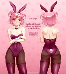 1girls bunny_ears bunnysuit doki_doki_literature_club english_text female female_only fully_clothed morbite natsuki_(doki_doki_literature_club) petite pink_eyes pink_hair revealing_clothes short_hair small_breasts solo text tight_clothing tsundere