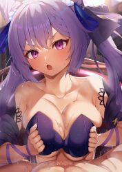 1boy 1girls :o absurdres aether_(genshin_impact) bare_shoulders blush bow braid breast_hold breast_squeeze breasts clothed_female_nude_male collarbone double_bun female genshin_impact hair_ornament hairband highres keqing_(genshin_impact) keqing_(opulent_splendor)_(genshin_impact) large_breasts light-skinned_female light-skinned_male light_skin looking_at_viewer lube lying male nude oct._(oct18kin) on_back open_mouth paizuri paizuri_under_clothes penis pov purple_eyes purple_hair sweat twintails underboob upper_body