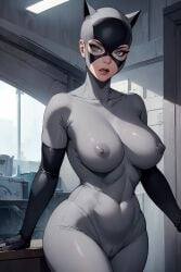 ai_generated batman:_the_animated_series batman_(series) belly_button big_breasts blue_eyes breasts catwoman catwoman_(dcau) clothed dc_comics dcau female female_only lips lipstick looking_at_viewer mask nipples pussy sanriocupcake see-through see-through_clothing solo