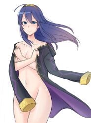 1girls bare_shoulders blue_eyes blue_hair breasts cleavage coat collarbone completely_nude convenient_censoring covering female female_only fire_emblem fire_emblem_awakening huntchan long_hair looking_at_viewer lucina_(fire_emblem) naked naked_coat nintendo nude nude_female robin_(fire_emblem)_(cosplay) small_breasts smile solo symbol-shaped_pupils tiara