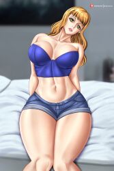 1girls big_ass big_breasts big_butt black_clover blue_clothing female green_eyes grey_clothing huge_ass huge_breasts huge_butt kactzzu mimosa_vermillion orange_hair short_clothing solo white_bed