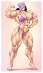 1girls abs barefoot biceps big_breasts big_muscles bikini blue_eyes blue_hair breasts busty cleavage extreme_muscles female flexing hair_over_one_eye large_breasts legs missymuscle muscles muscular muscular_female muscular_thighs navel pink_hair pose solo thick_thighs thong