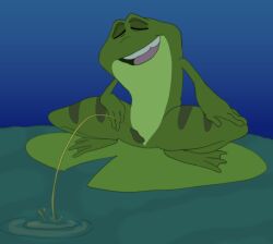 amphibian anthro bodily_fluids erection frog genital_fluids genitals lily_pad male male_only peeing peeing_into_river penis plant prince_naveen public_urination relieved solo spread_legs spreading the_princess_and_the_frog urine urine_stream vompossum what