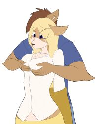 2022 2d 4_fingers alpha_channel animated anthro anthro_on_anthro big_breasts black_pupils blonde_hair blue_bottomwear blue_clothing blue_eyes blue_pants blue_shirt blue_topwear blush book_of_lust bottomwear bouncing_breasts breast_grab breast_rub breasts brown_body brown_claws brown_fur brown_hair canid canine canis cervid claws cleavage clothed clothing duo female finger_claws fingers freckles front_view fur gif grope groping_from_behind hair hand_on_breast interspecies jake_hart kanashiipanda loop male male/female mammal mia_woods orange_body orange_fur pants pupils shirt short_playtime simple_background skirt standing tan_body tan_fur topwear transparent_background white_clothing white_shirt white_topwear wolf yellow_bottomwear yellow_clothing yellow_skirt