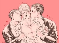 3boys attack_on_titan bertolt_hoover black_collar cho-mo gay hair_slicked_back hand_on_nipple imminent_orgy imminent_sex japanese_text male/male/male male_focus male_only man_boobs mmm_threesome nipple_piercing pinching_nipples pink_background porco_galliard reiner_braun shingeki_no_kyojin sound_effects suit sweatdrop tagme threesome unbuttoned_shirt yaoi