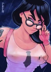 1girls areolae big_breasts breasts breasts_visible_through_clothing female female_only fingerless_gloves fortnite glasses large_breasts looking_away looking_over_glasses maven nipples nipples_visible_through_clothing parkdale solo sweat sweating sweaty sweaty_body tattoo white_shirt