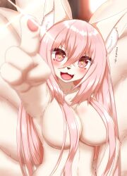 animal_ears anthro breasts cleavage female fox_ears fox_girl fox_tail furry furry_female highres horokusa_(korai) korai large_breasts looking_at_viewer no_humans original pink_eyes pink_hair pointing pointing_at_viewer solo sparkling_eyes tail translation_request upper_body white_fur