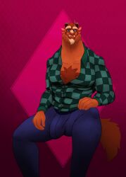 anthro barazoku beast_(disney) beauty_and_the_beast body_hair bulge checkered_clothing checkered_shirt checkered_topwear chest_hair clothed clothing disney facial_hair hi_res looking_at_viewer male male_only muscular muscular_male olivepup_00 open_clothing open_shirt open_topwear pattern_clothing pattern_shirt pattern_topwear pinup pose shirt solo topwear